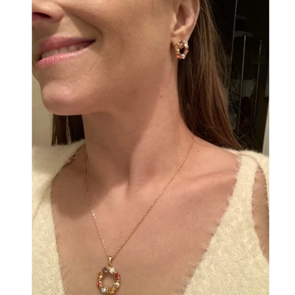 Gold rhinestones Necklace and earrings set dainty Rainbow multicolor 💖